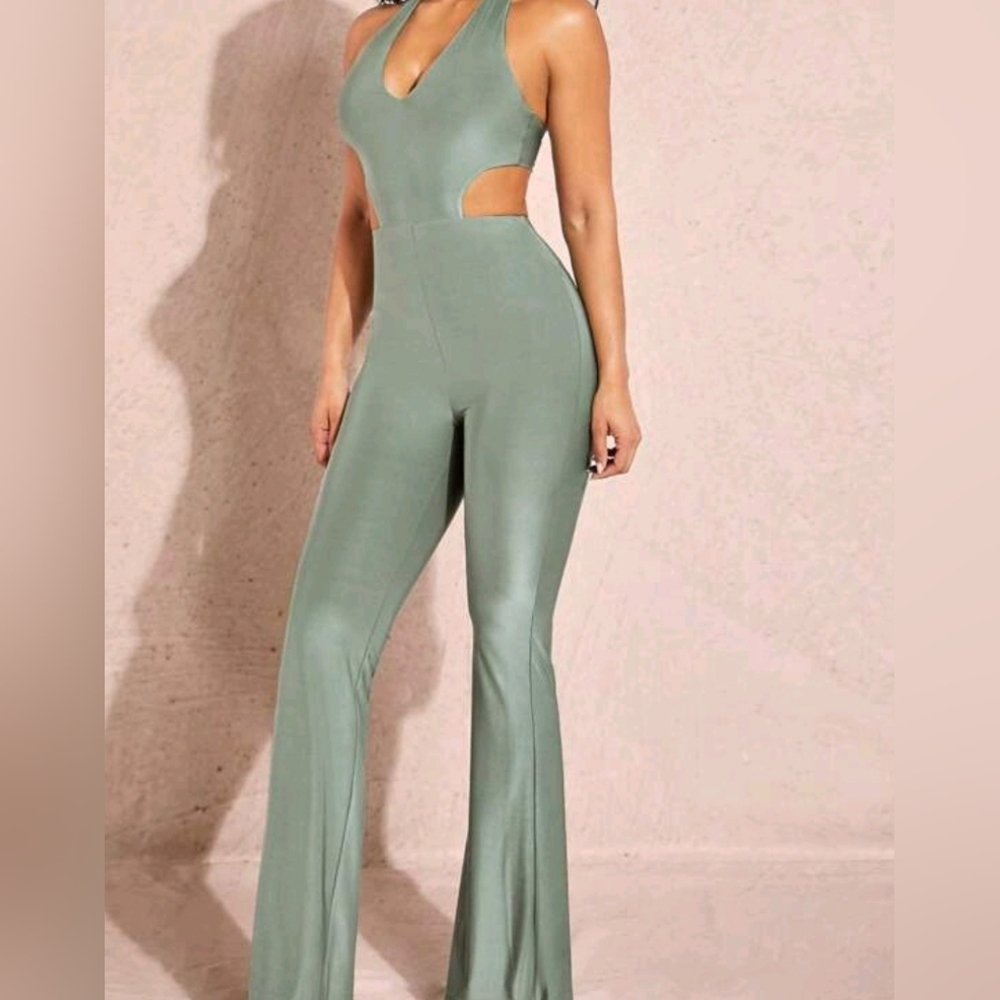 Green Halter Jumpsuit with flared legs